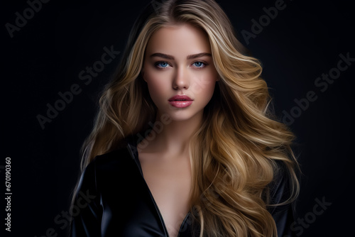 Beautiful young woman, modern with makeup, in a black top and a black leather jacket.