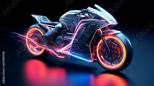 futuristic motorbike with a holographic wireframe digital technology background photo