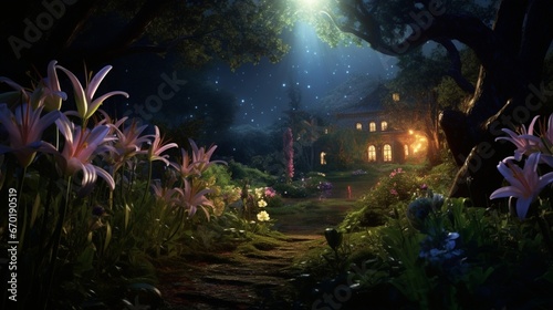 A serene garden adorned with Starlight Lilies, their radiance casting a surreal ambiance in the late evening.