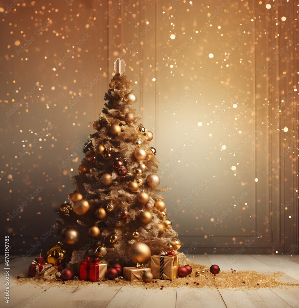  Elegant romantic Christmas tree and New year decorations on light gold background for message, or card. AI concept.