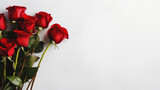 Romantic bouquet of red roses on white background, Happy Valentine Day, Love, Anniversary Celebration, Copy space. Generative AI