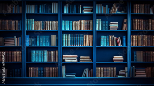 blue bookshelf with books