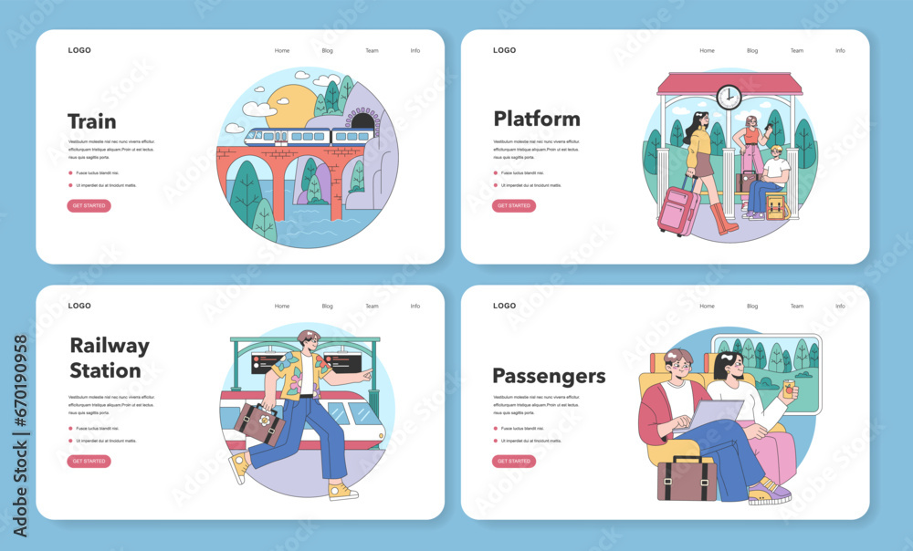 Train trip web banner or landing page set. Characters traveling by train. Passengers with luggage getting on train. Railway travel and tourism. Flat vector illustration