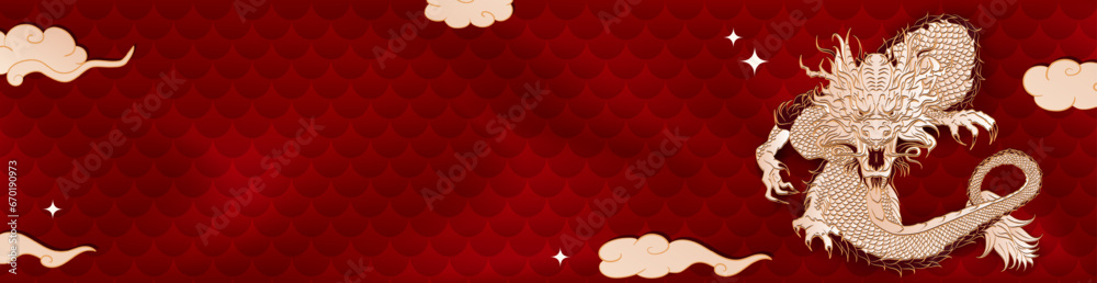 Empty red header, billboard with traditional chinese dragon and place ...