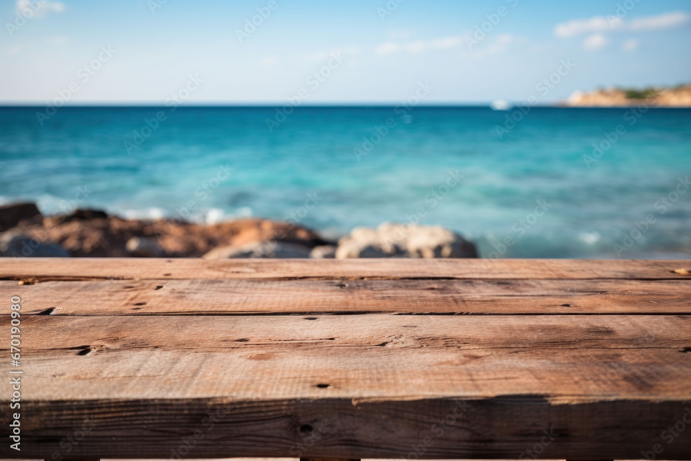 Wooden boards in the foreground close-up, empty table, against a blurred sea background, mocap for product presentation Wooden boards in the foreground close-up, empty table, against a blurred sea background, mocap for product presentation