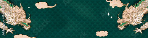Template of green panoramic banner with chinese wood dragon, clouds, stars, dragon scales and empty space for text. New Year 2024, Christmas blank header in asian style. 
