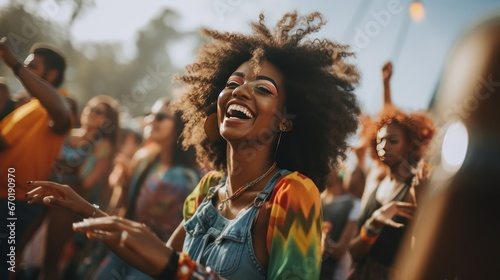 Young black woman dancing in the crowd at outdoor music festival, golden hour, generative ai photo
