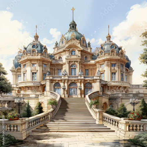 Waterco Palace of Versailles white background illustration, Generative Ai