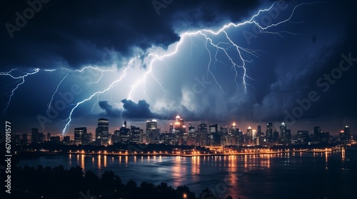 Dramatic City Skyline Illuminated by Lightning Storm