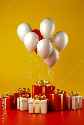 Bunch of red and white balloons and presents on red background with yellow wall.