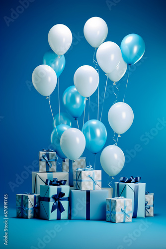 Bunch of blue and white balloons and presents on blue background with blue wall.