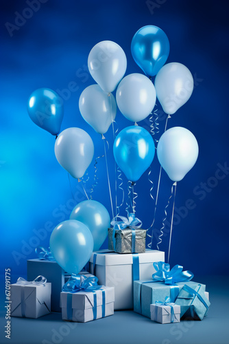 Bunch of blue and white balloons and presents on blue background with blue wall.