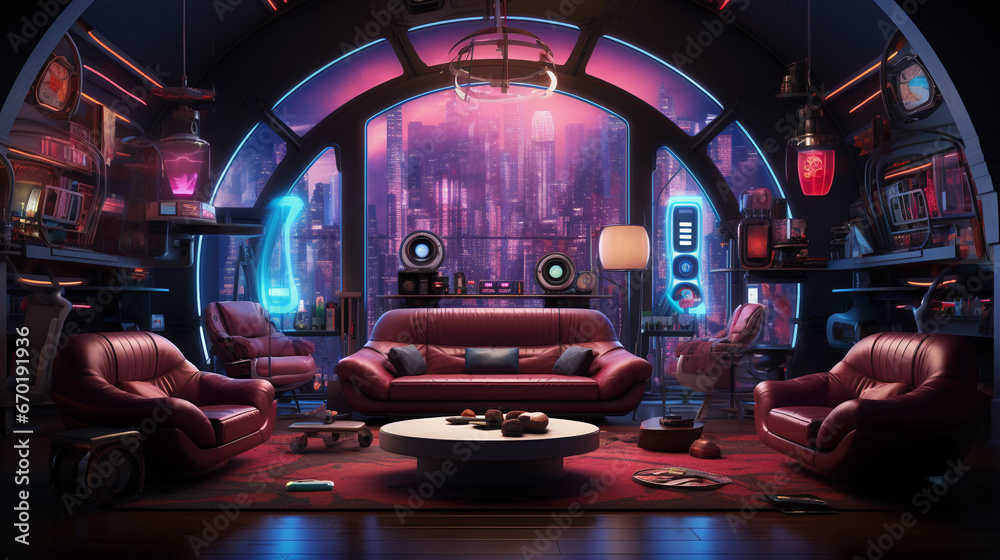 A futuristic science fiction-themed room with holographic displays, neon lighting, and futuristic furniture