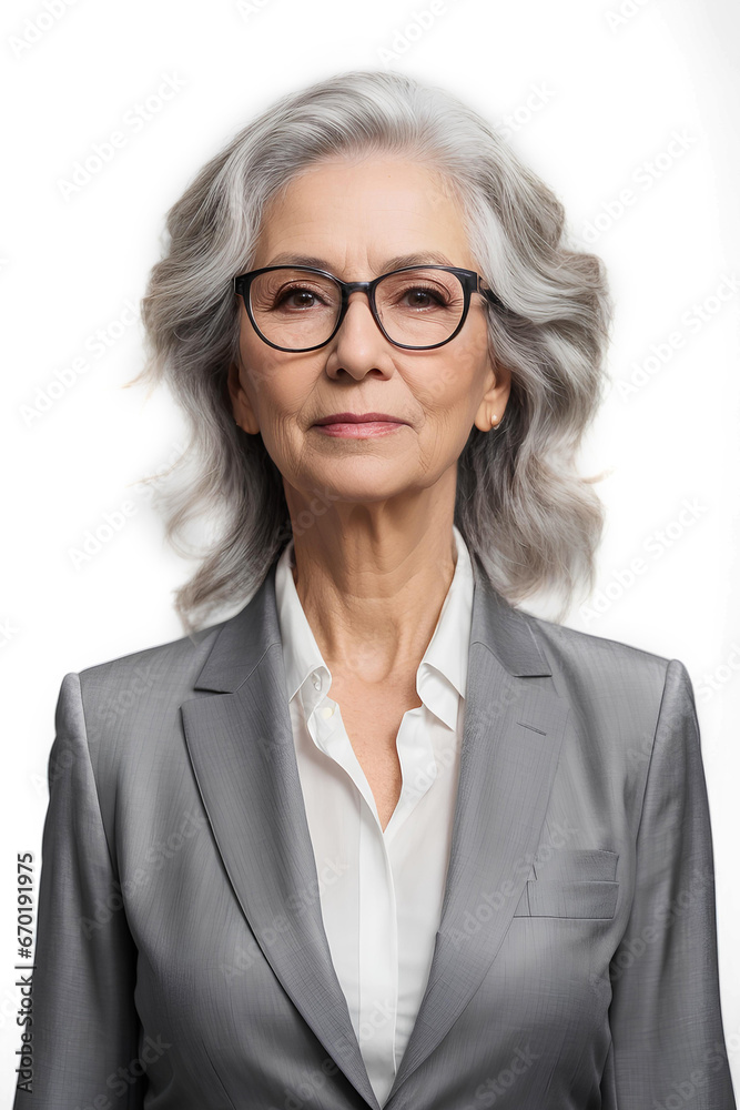 Portrait of beautiful senior business woman on a light background. Grey haired lady professional looking at camera