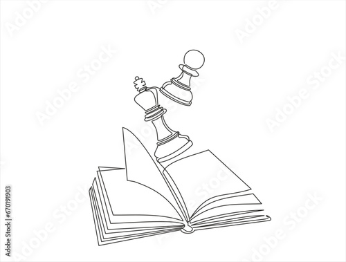 Open book and chess, continuous line vector illustration. one line vector drawing of a book and a chess. Black and white hand drawn image.