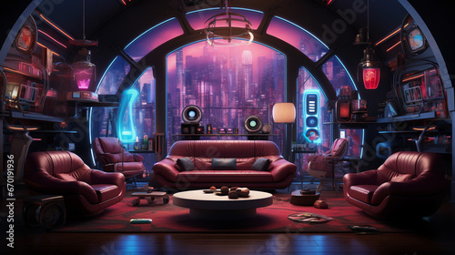 A futuristic science fiction-themed room with holographic displays, neon lighting, and futuristic furniture