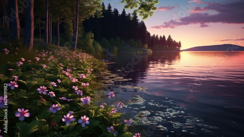 A serene lakeside landscape with the reflection of the evening sky in the water, framed by a profusion of Twilight Trillium flowers in full bloom along the shore. photo