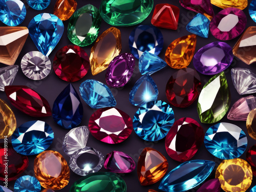 Colorful crystals and gems on a dark background. Decoration for wallpaper desktop, poster, cover booklet