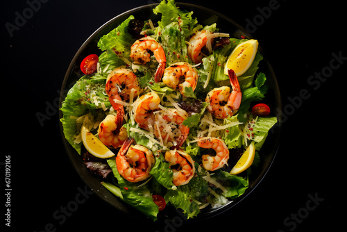 Caesar salad with grilled shrimp on a dark background, top view. Photo for the menu.