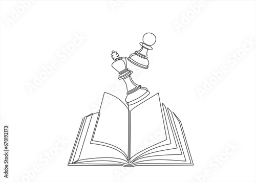 Open book and chess, continuous line vector illustration. one line vector drawing of a book and a chess. Black and white hand drawn image.