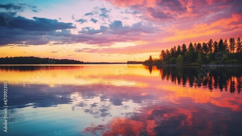 Serene Sunset Reflections on a Vibrant Lake