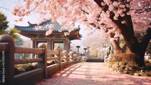 Serene Temple or Shrine Surrounded by Cherry Blossoms