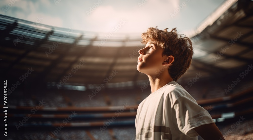 Fototapeta premium Boy standing in the middle of football stadium pitch and dreaming become football soccer player