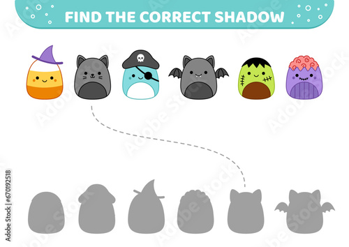 Cute Halloween characters. Find the correct shadow. Shadow matching game. Cartoon, vector photo