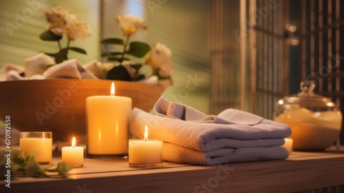 Tranquil Spa Scene with Candles, Towels, and Soothing Ambiance