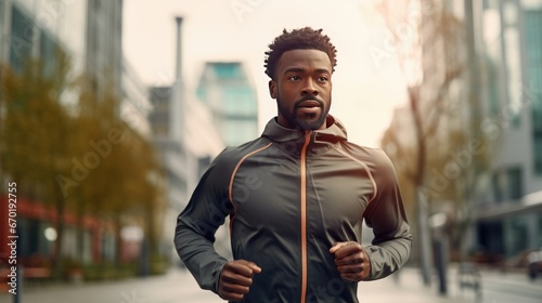 Mid adult African American man is jogging outside