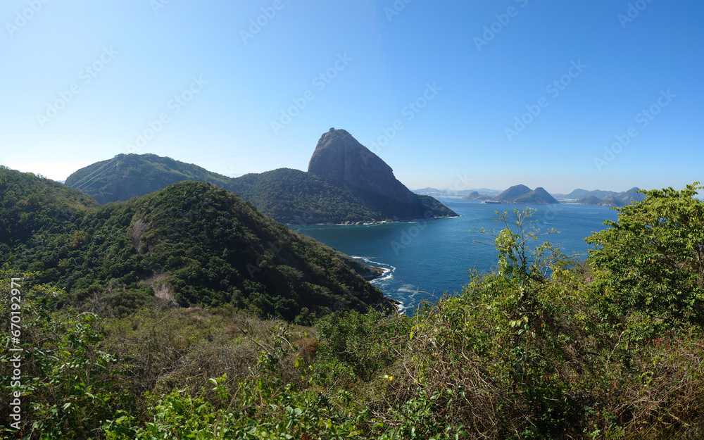 Panoramic view of Sugarloaf Mountain and Guanabara Bay in Rio de Janeiro Brazil