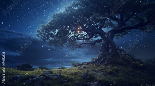 A serene midnight scene in a forest clearing with a Myrtle tree under a starry sky.