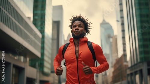 Mid adult African American man is jogging outside