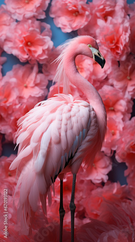 Pink flamingo on the background of the wall with exotic beautiful flowers, bright tropical concept