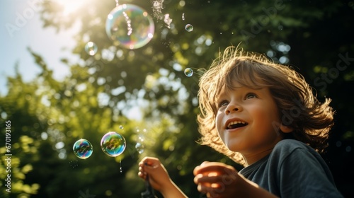 Child Blowing Soap Bubbles on Sunny Day