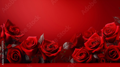 Fototapeta Naklejka Na Ścianę i Meble -  Red roses flower on red background. Copy space above. Flower frame. Top view. High quality photo. Generative AI