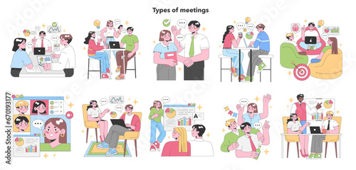 Types of Meetings set. Professionals engage in diverse discussions. Office desk collaboration, casual cafe chat, online webinar, brainstorming session, and presentation. Flat vector illustration. © inspiring.team