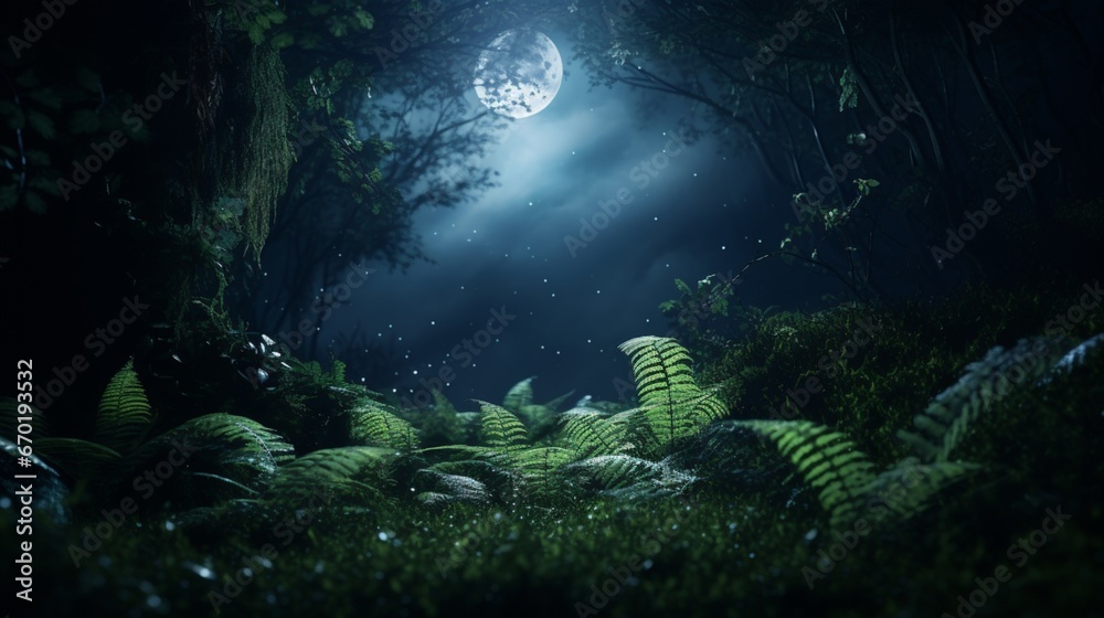 A serene moonlit night where the Celestial Cinnamon Ferns seem to glow with an otherworldly light, creating an enchanting scene.