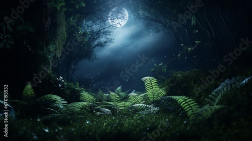 A serene moonlit night where the Celestial Cinnamon Ferns seem to glow with an otherworldly light, creating an enchanting scene.