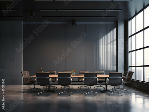 Empty conference room with desk and chairs, business meeting room, empty seminar or training room, business discussion area, business meeting room interior