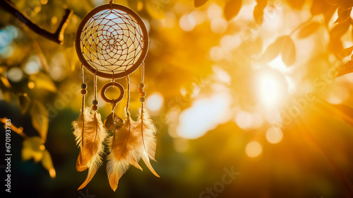 Close up of dream catcher hanging from tree in the sun.