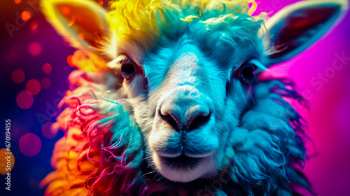 Close up of sheep with multicolored pattern on it's face.