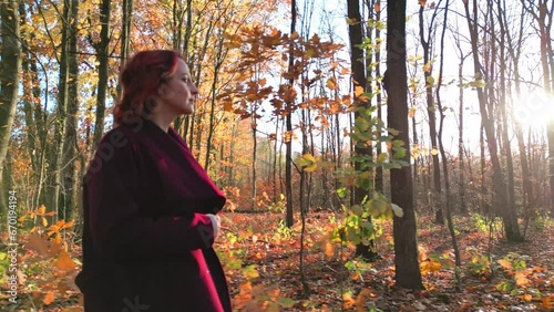Beautiful woman walks through the autumn forest on a warm sunny day, yellow orange and red leaves on the trees