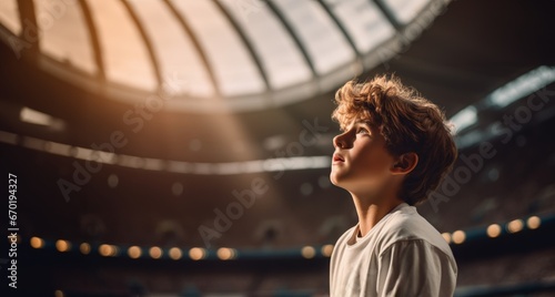 Boy standing in the middle of football stadium pitch and dreaming become football soccer player