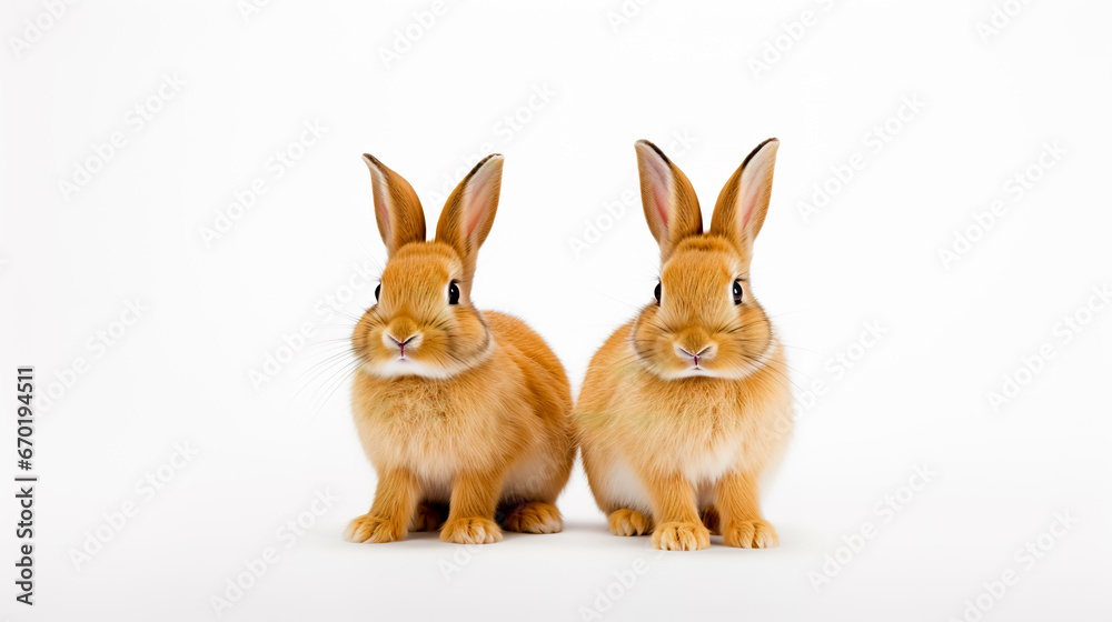 Obraz premium Couple of rabbits sitting next to each other on white background.