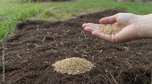 hand holding pile of rice seed in the field, agriculture concept