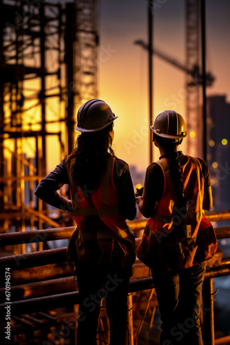 Couple of women standing next to each other on top of construction site.