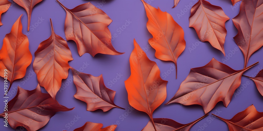 Pattern of dry orange metallic leaves on violet background.
