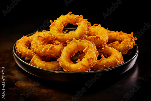 Delicious golden battered, breaded and deep fried crispy onion rings on black wooden table. photo