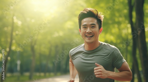 Young Asian man is jogging outside